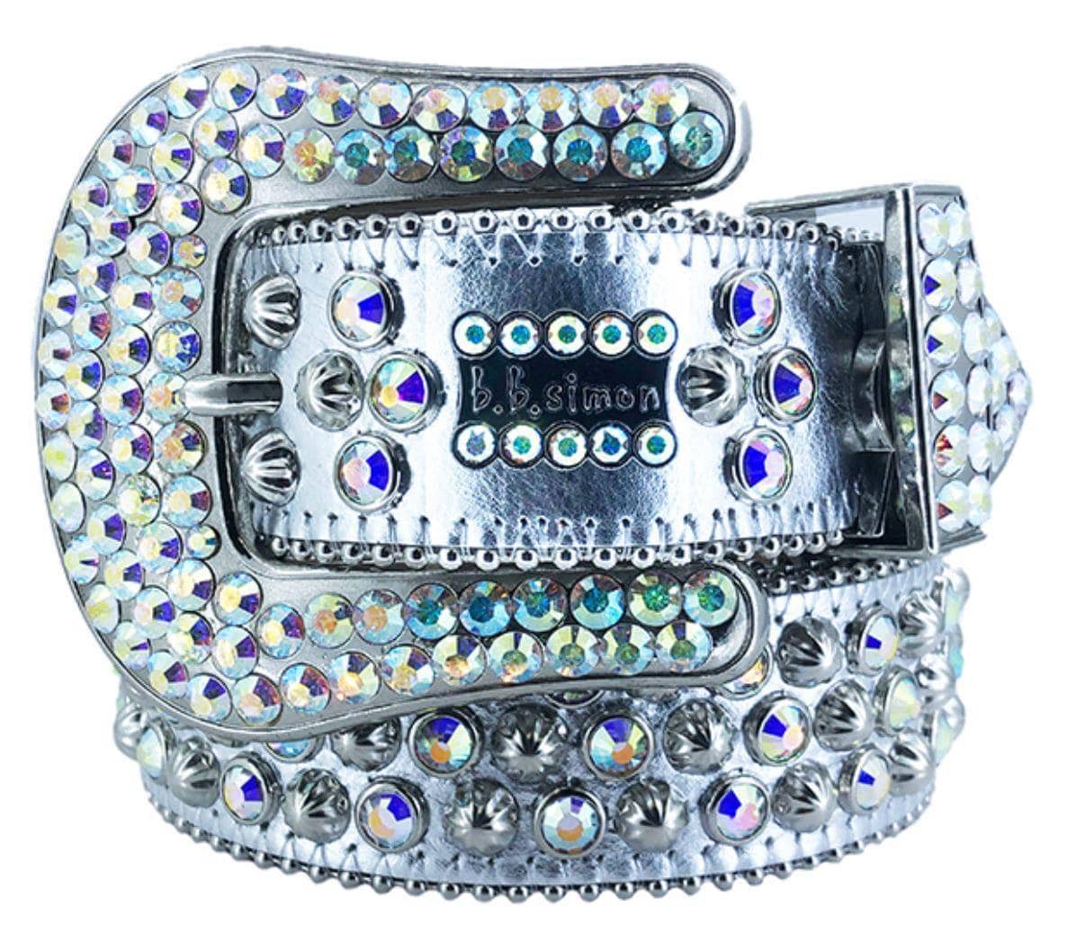 BB Simon Silver Leather with Crystals Belt - Amore Accessories