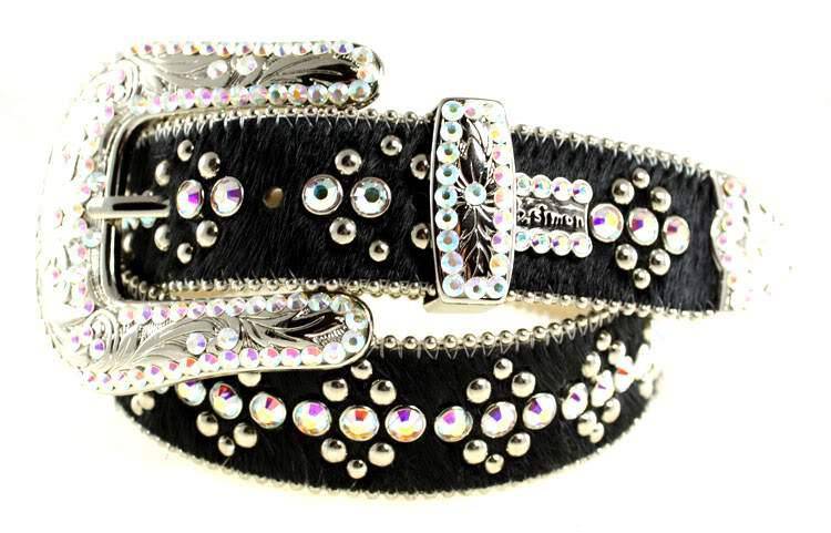 3074 N1 - BB Simon Black Cowhide Leather with Crystals Belt - Amore Accessories
