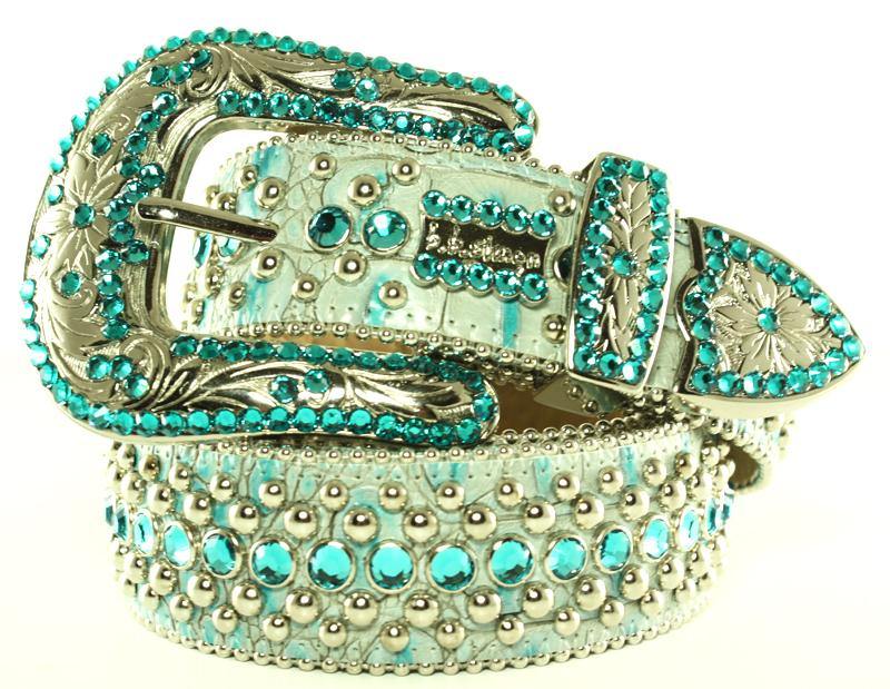 BB Simon Silver/Turqouise Croc Leather Crystals Belt - Amore Accessories