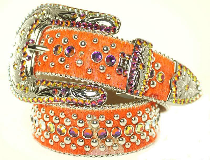 BB Simon Orange Cowhide Leather Crystals Belt - Amore Accessories