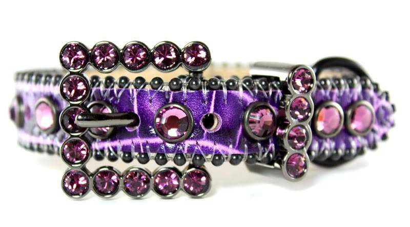 00 A 18 - BB Simon Purple Leather Swarovski Crystals Dog Collar - Amore Accessories