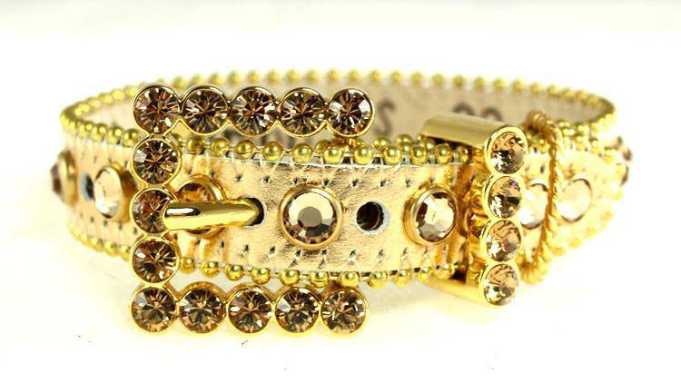 00 A 28 - BB Simon Gold Leather with Crystals Dog Collar - Amore Accessories