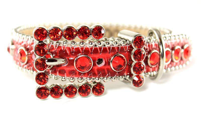 00 A 46 - BB Simon Red Leather Swarovski Crystals Dog Collar - Amore Accessories