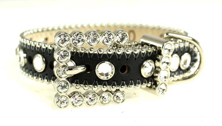 00 S 30 - BB Simon Black Leather with Clear Crystals Dog Collar - Amore Accessories