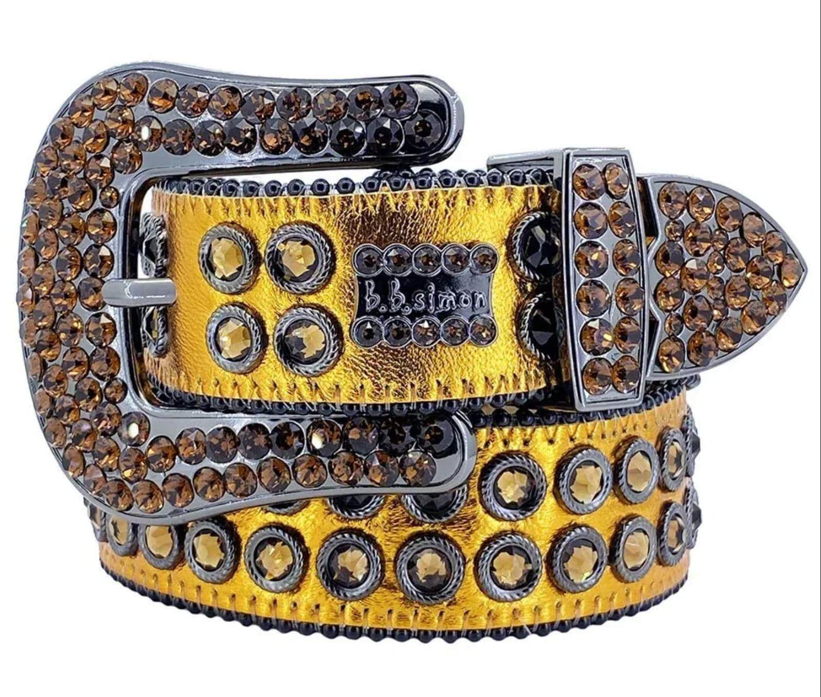2683 K37 - BB Simon Belt Gold Leather with Crystals - Amore Accessories