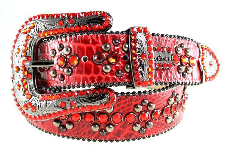 3074 A 46 - BB Simon Red Croc Leather with Crystals Belt - Amore Accessories