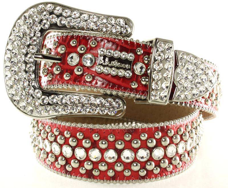 6000 A 46 - BB Simon Red Leather with Clear Crystals Belt - Amore Accessories