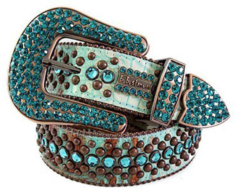 6000 C 85 - BB Simon Lt Green/Green/Brown Leather Crystals Belt - Amore Accessories